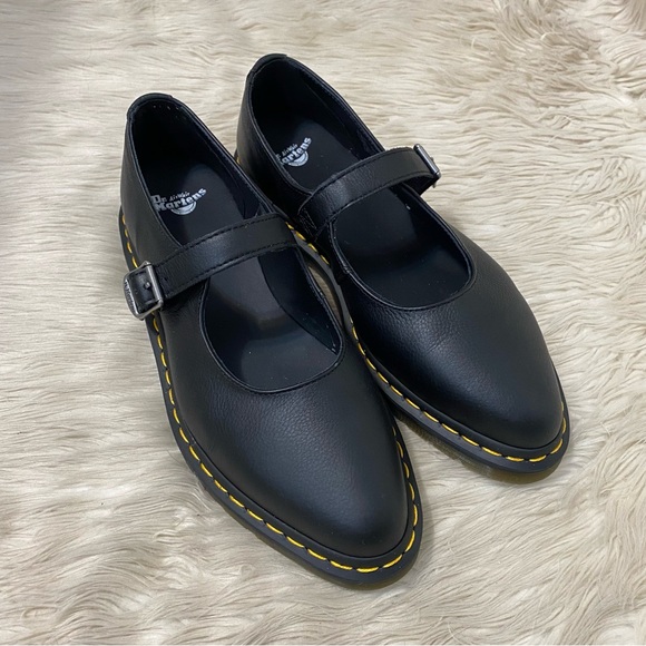 Dr. Martens Elphie Black Virginia Leather Mary Jane Shoes Chunky Ballet Flat 10 - Picture 2 of 12